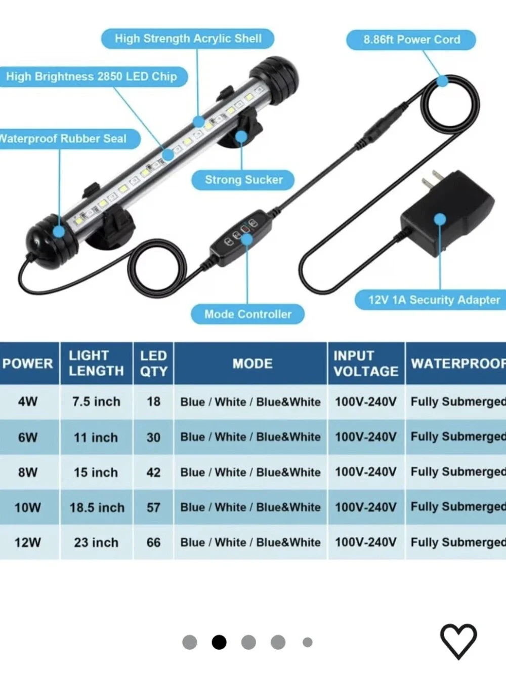 Submersible LED Aquarium Light - 4W 7.5 Inches